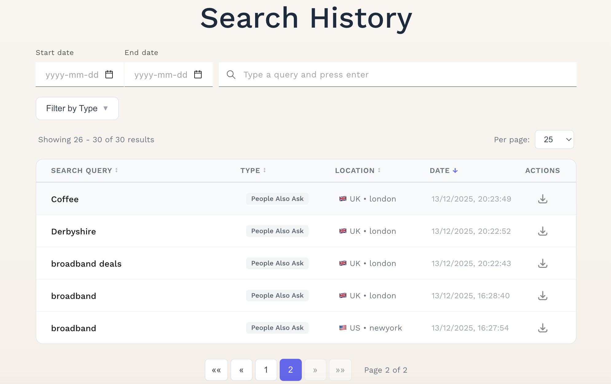 Search history with filtering options